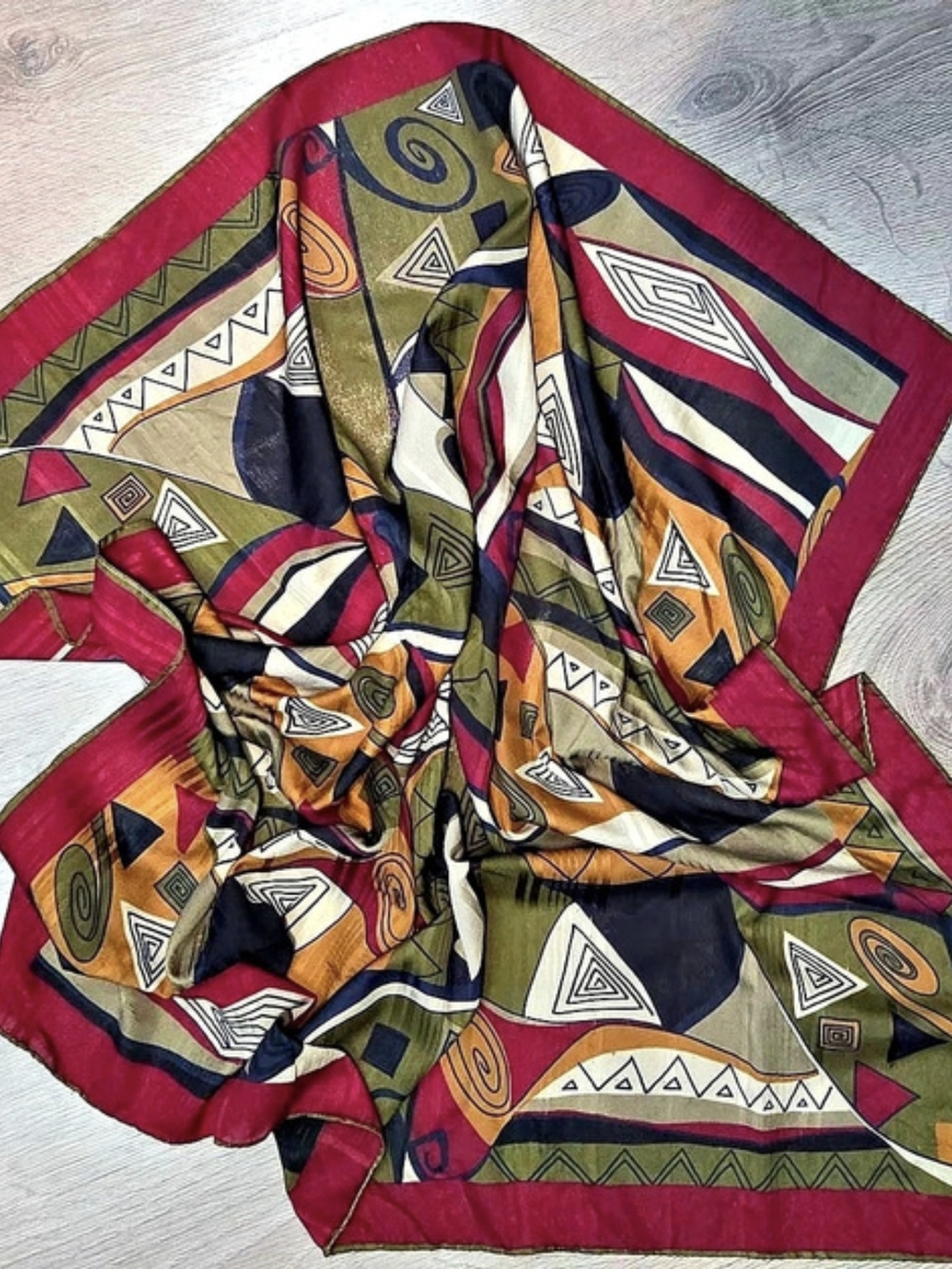 Geometric Print Scarf in Red & Green Like New